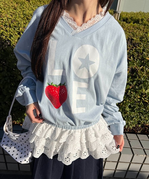 WC(ダブル シー)の「イチゴレースヘムビッグロンT(Tシャツ/カットソー・レディース・ホワイト/サックスブルー・FREE)」の12枚目の写真
