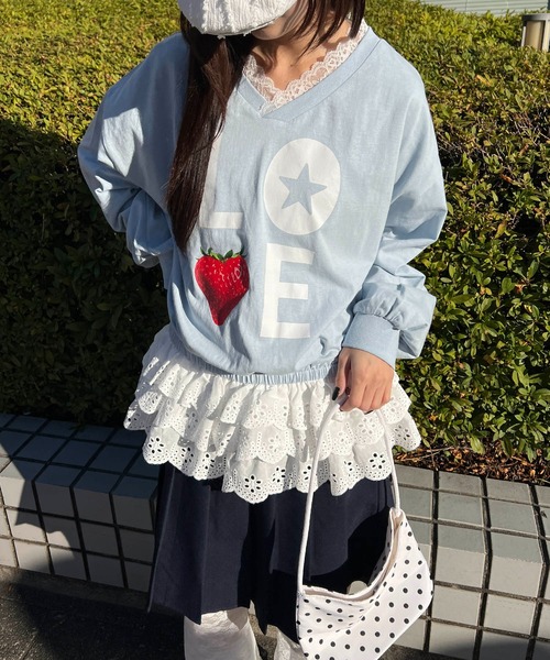 WC(ダブル シー)の「イチゴレースヘムビッグロンT(Tシャツ/カットソー・レディース・ホワイト/サックスブルー・FREE)」の13枚目の写真