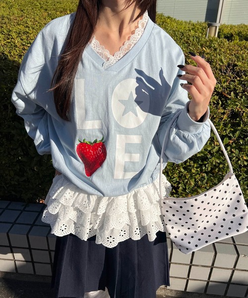WC(ダブル シー)の「イチゴレースヘムビッグロンT(Tシャツ/カットソー・レディース・ホワイト/サックスブルー・FREE)」の14枚目の写真