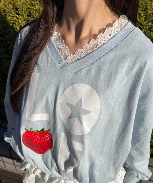 WC(ダブル シー)の「イチゴレースヘムビッグロンT(Tシャツ/カットソー・レディース・ホワイト/サックスブルー・FREE)」の15枚目の写真