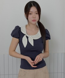 バイカラーラブリーリボンラウンドカラーショルダーパフ半袖Tシャツカットソー