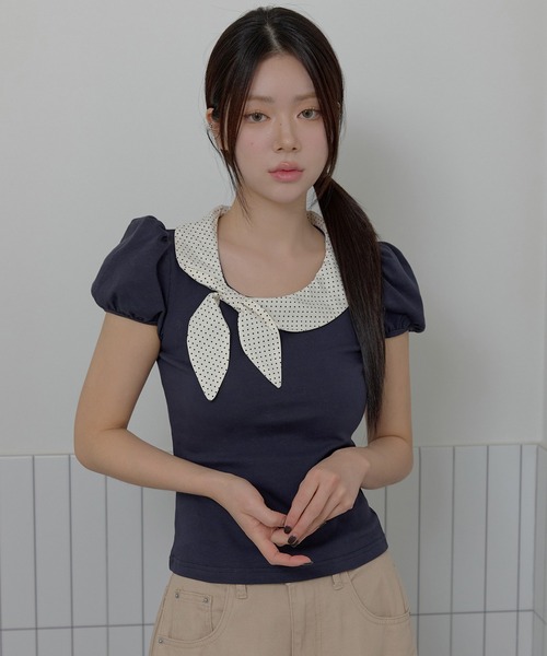 UNE MANSION(ユヌマンション)の「バイカラーラブリーリボンラウンドカラーショルダーパフ半袖Tシャツカットソー(Tシャツ/カットソー・レディース・グレー/ネイビー/ベージュ・FREE)」の3枚目の写真