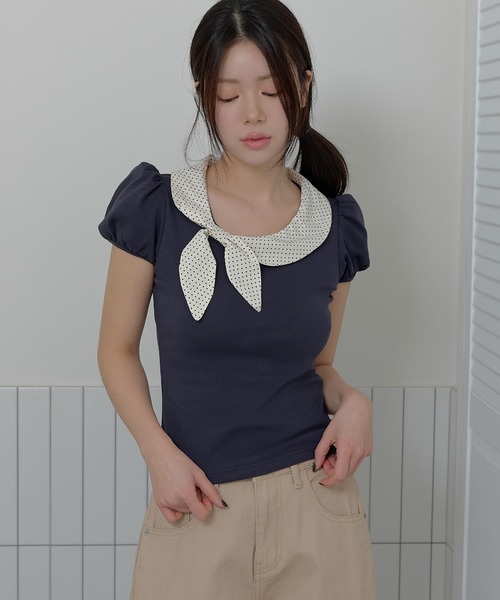 UNE MANSION(ユヌマンション)の「バイカラーラブリーリボンラウンドカラーショルダーパフ半袖Tシャツカットソー(Tシャツ/カットソー・レディース・グレー/ネイビー/ベージュ・FREE)」の4枚目の写真