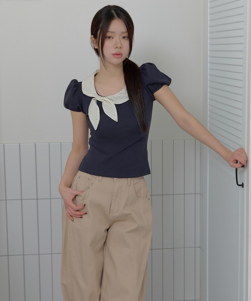 UNE MANSION(ユヌマンション)の「バイカラーラブリーリボンラウンドカラーショルダーパフ半袖Tシャツカットソー(Tシャツ/カットソー・レディース・グレー/ネイビー/ベージュ・FREE)」の5枚目の写真