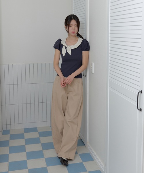 UNE MANSION(ユヌマンション)の「バイカラーラブリーリボンラウンドカラーショルダーパフ半袖Tシャツカットソー(Tシャツ/カットソー・レディース・グレー/ネイビー/ベージュ・FREE)」の6枚目の写真