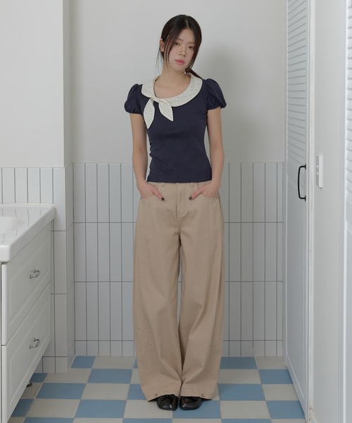 UNE MANSION(ユヌマンション)の「バイカラーラブリーリボンラウンドカラーショルダーパフ半袖Tシャツカットソー(Tシャツ/カットソー・レディース・グレー/ネイビー/ベージュ・FREE)」の7枚目の写真