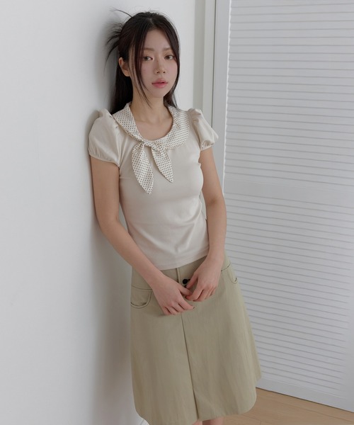 UNE MANSION(ユヌマンション)の「バイカラーラブリーリボンラウンドカラーショルダーパフ半袖Tシャツカットソー(Tシャツ/カットソー・レディース・グレー/ネイビー/ベージュ・FREE)」の13枚目の写真