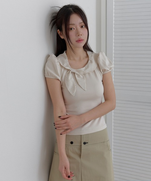 UNE MANSION(ユヌマンション)の「バイカラーラブリーリボンラウンドカラーショルダーパフ半袖Tシャツカットソー(Tシャツ/カットソー・レディース・グレー/ネイビー/ベージュ・FREE)」の14枚目の写真