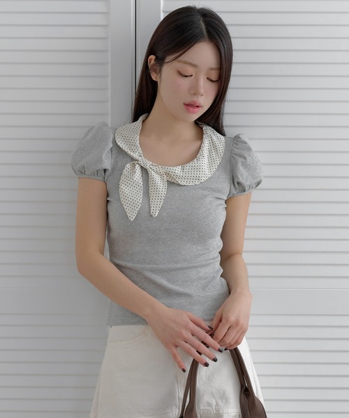 UNE MANSION(ユヌマンション)の「バイカラーラブリーリボンラウンドカラーショルダーパフ半袖Tシャツカットソー(Tシャツ/カットソー・レディース・グレー/ネイビー/ベージュ・FREE)」の16枚目の写真