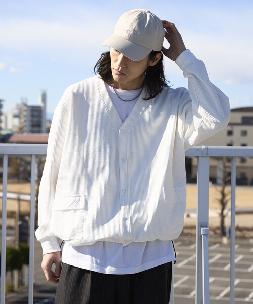 Firsthand（ファーストハンド）の「Firsthand/ファーストハンド サイドポケット スピンドル テック サーマル カーディガン / ビッグシルエット / 長袖（カーディガン/ボレロ・メンズ・ホワイト/チャコールグレー/ブルーグレー/ブラック・LARGE/MEDIUM）」の7枚目の写真