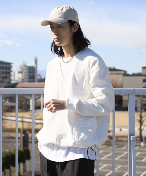 Firsthand（ファーストハンド）の「Firsthand/ファーストハンド サイドポケット スピンドル テック サーマル カーディガン / ビッグシルエット / 長袖（カーディガン/ボレロ・メンズ・ホワイト/チャコールグレー/ブルーグレー/ブラック・LARGE/MEDIUM）」の8枚目の写真