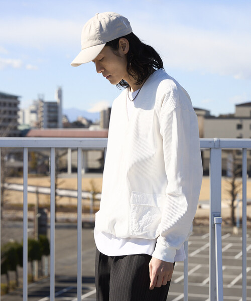 Firsthand（ファーストハンド）の「Firsthand/ファーストハンド サイドポケット スピンドル テック サーマル カーディガン / ビッグシルエット / 長袖（カーディガン/ボレロ・メンズ・ホワイト/チャコールグレー/ブルーグレー/ブラック・LARGE/MEDIUM）」の9枚目の写真