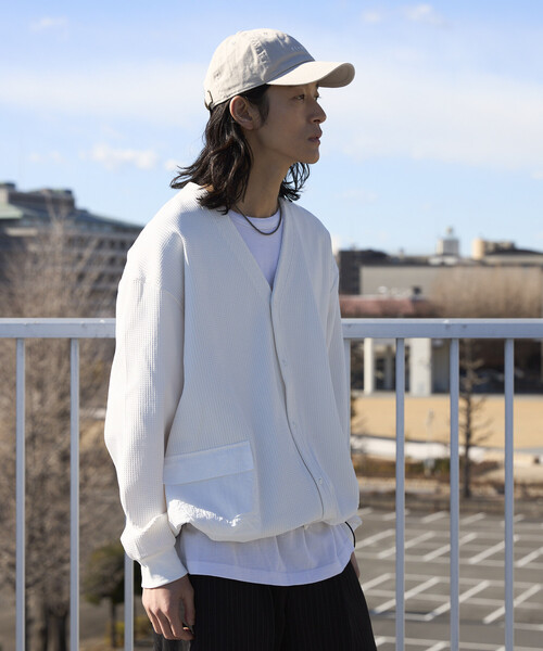 Firsthand（ファーストハンド）の「Firsthand/ファーストハンド サイドポケット スピンドル テック サーマル カーディガン / ビッグシルエット / 長袖（カーディガン/ボレロ・メンズ・ホワイト/チャコールグレー/ブルーグレー/ブラック・LARGE/MEDIUM）」の11枚目の写真