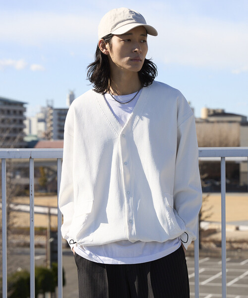 Firsthand（ファーストハンド）の「Firsthand/ファーストハンド サイドポケット スピンドル テック サーマル カーディガン / ビッグシルエット / 長袖（カーディガン/ボレロ・メンズ・ホワイト/チャコールグレー/ブルーグレー/ブラック・LARGE/MEDIUM）」の13枚目の写真