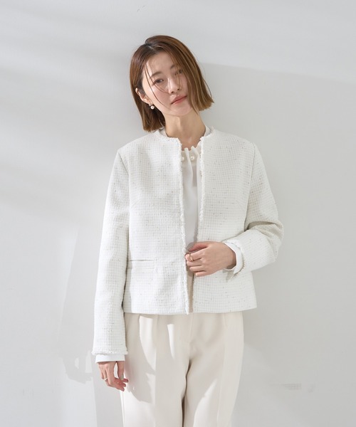 YECCA VECCA（イェッカヴェッカ）の「ツイードジャケット (2)（ノーカラージャケット・レディース・オフホワイト・L/M）」の2枚目の写真