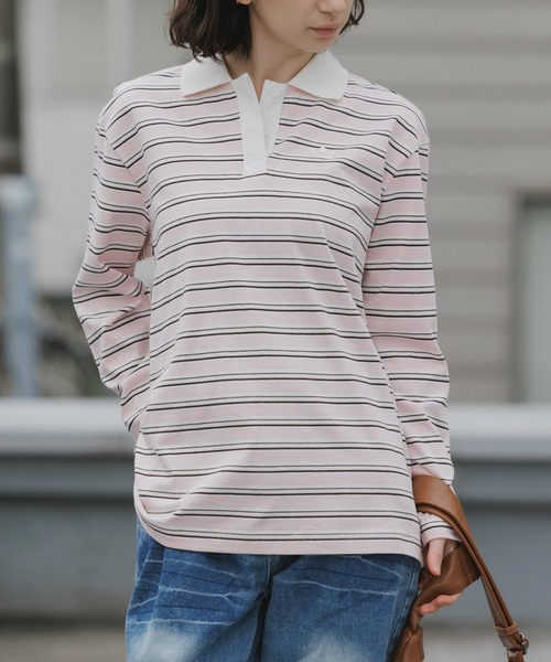 adidas（アディダス）の「adidas/アディダス STRIPED OVZD LS POLO SHIRT ストライプ トレフォイルロゴ カットソー ポロシャツ マルチボーダー ラガーシャツ 2026年春夏（ポロシャツ・レディース・ホワイト/ブラウン/ピンク・S/M/L）」の3枚目の写真