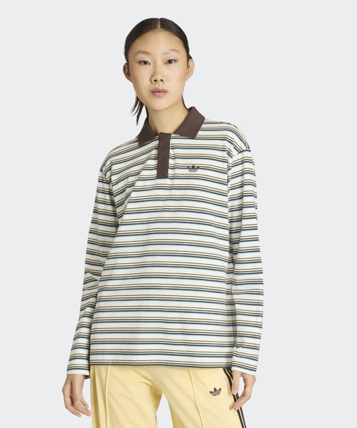 adidas（アディダス）の「adidas/アディダス STRIPED OVZD LS POLO SHIRT ストライプ トレフォイルロゴ カットソー ポロシャツ マルチボーダー ラガーシャツ 2026年春夏（ポロシャツ・レディース・ホワイト/ブラウン/ピンク・S/M/L）」の10枚目の写真