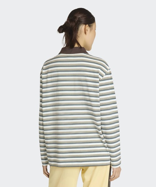 adidas（アディダス）の「adidas/アディダス STRIPED OVZD LS POLO SHIRT ストライプ トレフォイルロゴ カットソー ポロシャツ マルチボーダー ラガーシャツ 2026年春夏（ポロシャツ・レディース・ホワイト/ブラウン/ピンク・S/M/L）」の11枚目の写真