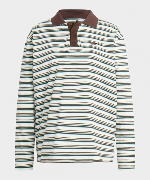adidas（アディダス）の「adidas/アディダス STRIPED OVZD LS POLO SHIRT ストライプ トレフォイルロゴ カットソー ポロシャツ マルチボーダー ラガーシャツ 2026年春夏（ポロシャツ・レディース・ホワイト/ブラウン/ピンク・S/M/L）」の8枚目の写真