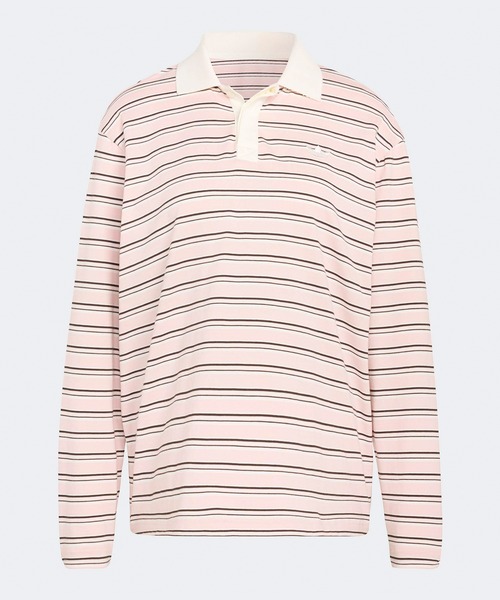 adidas（アディダス）の「adidas/アディダス STRIPED OVZD LS POLO SHIRT ストライプ トレフォイルロゴ カットソー ポロシャツ マルチボーダー ラガーシャツ 2026年春夏（ポロシャツ・レディース・ホワイト/ブラウン/ピンク・S/M/L）」の13枚目の写真