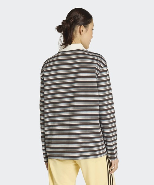 adidas（アディダス）の「adidas/アディダス STRIPED OVZD LS POLO SHIRT ストライプ トレフォイルロゴ カットソー ポロシャツ マルチボーダー ラガーシャツ 2026年春夏（ポロシャツ・レディース・ホワイト/ブラウン/ピンク・S/M/L）」の4枚目の写真