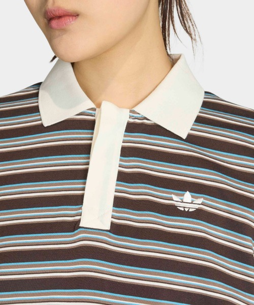 adidas（アディダス）の「adidas/アディダス STRIPED OVZD LS POLO SHIRT ストライプ トレフォイルロゴ カットソー ポロシャツ マルチボーダー ラガーシャツ 2026年春夏（ポロシャツ・レディース・ホワイト/ブラウン/ピンク・S/M/L）」の6枚目の写真