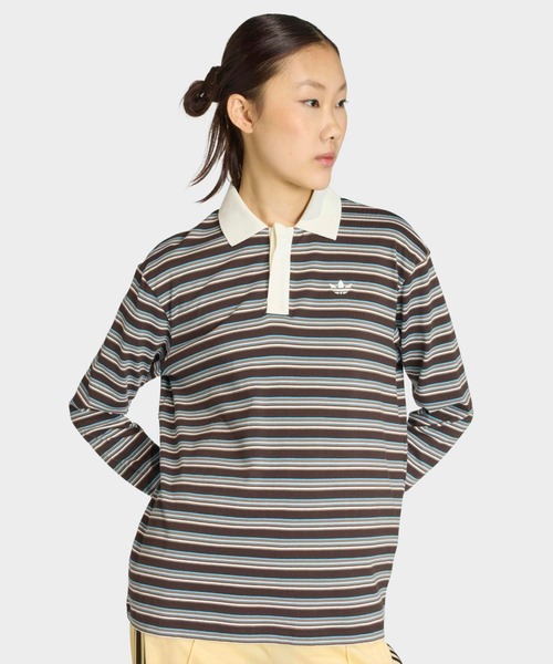 adidas（アディダス）の「adidas/アディダス STRIPED OVZD LS POLO SHIRT ストライプ トレフォイルロゴ カットソー ポロシャツ マルチボーダー ラガーシャツ 2026年春夏（ポロシャツ・レディース・ホワイト/ブラウン/ピンク・S/M/L）」の7枚目の写真