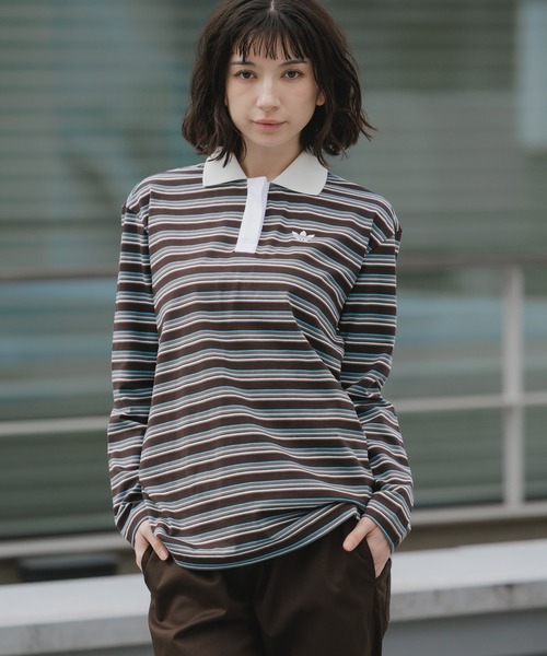 adidas（アディダス）の「adidas/アディダス STRIPED OVZD LS POLO SHIRT ストライプ トレフォイルロゴ カットソー ポロシャツ マルチボーダー ラガーシャツ 2026年春夏（ポロシャツ・レディース・ホワイト/ブラウン/ピンク・S/M/L）」の20枚目の写真