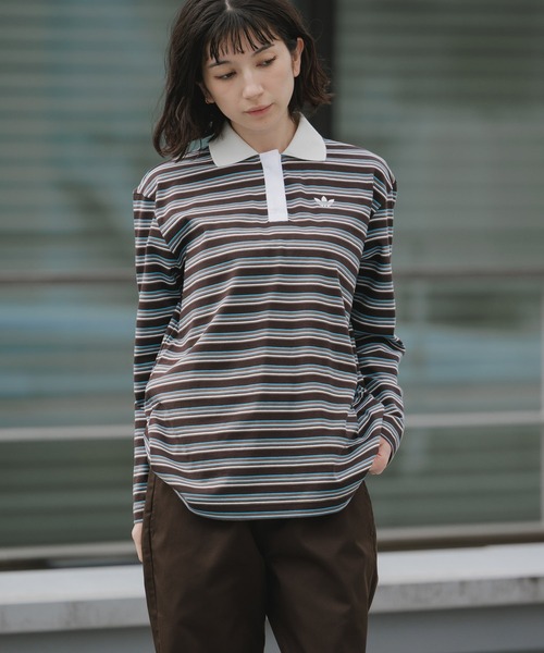 adidas（アディダス）の「adidas/アディダス STRIPED OVZD LS POLO SHIRT ストライプ トレフォイルロゴ カットソー ポロシャツ マルチボーダー ラガーシャツ 2026年春夏（ポロシャツ・レディース・ホワイト/ブラウン/ピンク・S/M/L）」の21枚目の写真