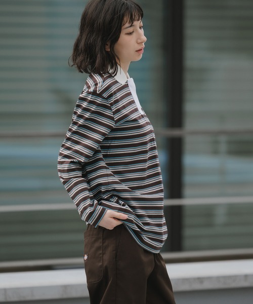 adidas（アディダス）の「adidas/アディダス STRIPED OVZD LS POLO SHIRT ストライプ トレフォイルロゴ カットソー ポロシャツ マルチボーダー ラガーシャツ 2026年春夏（ポロシャツ・レディース・ホワイト/ブラウン/ピンク・S/M/L）」の22枚目の写真