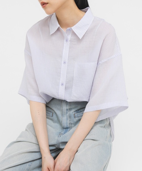 KBF（ケイビーエフ）の「シアーストライプBIGシャツ（シャツ/ブラウス・レディース・イエロー系その他/パープル系その他/グリーン系その他・ONE）」の2枚目の写真