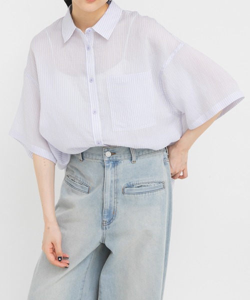 KBF（ケイビーエフ）の「シアーストライプBIGシャツ（シャツ/ブラウス・レディース・イエロー系その他/パープル系その他/グリーン系その他・ONE）」の10枚目の写真