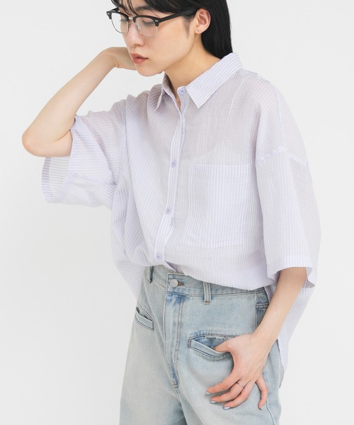 KBF（ケイビーエフ）の「シアーストライプBIGシャツ（シャツ/ブラウス・レディース・イエロー系その他/パープル系その他/グリーン系その他・ONE）」の11枚目の写真