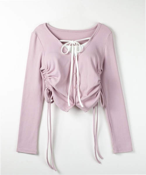 me+em select(ミームセレクト)の「【 3WAY 】レイヤード風シャーリングリボンリブトップス / fake layered shirring ribbon lib tops(Tシャツ/カットソー・レディース・ブラック/ピンク/グレー・FREE)」の7枚目の写真