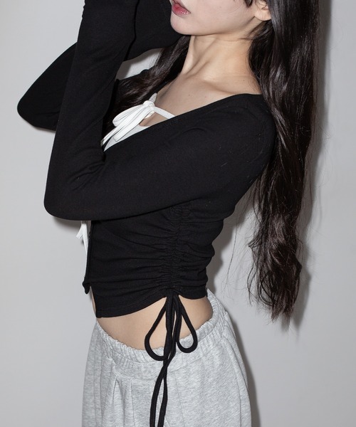 me+em select(ミームセレクト)の「【 3WAY 】レイヤード風シャーリングリボンリブトップス / fake layered shirring ribbon lib tops(Tシャツ/カットソー・レディース・ブラック/ピンク/グレー・FREE)」の11枚目の写真