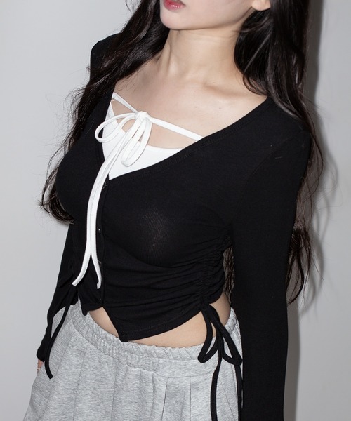 me+em select(ミームセレクト)の「【 3WAY 】レイヤード風シャーリングリボンリブトップス / fake layered shirring ribbon lib tops(Tシャツ/カットソー・レディース・ブラック/ピンク/グレー・FREE)」の14枚目の写真