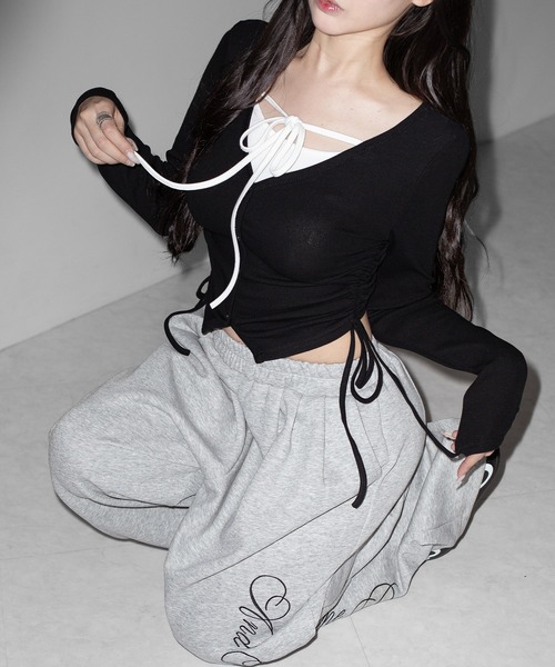 me+em select(ミームセレクト)の「【 3WAY 】レイヤード風シャーリングリボンリブトップス / fake layered shirring ribbon lib tops(Tシャツ/カットソー・レディース・ブラック/ピンク/グレー・FREE)」の19枚目の写真