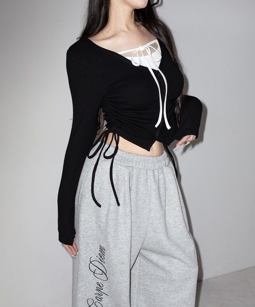 me+em select(ミームセレクト)の「【 3WAY 】レイヤード風シャーリングリボンリブトップス / fake layered shirring ribbon lib tops(Tシャツ/カットソー・レディース・ブラック/ピンク/グレー・FREE)」の21枚目の写真