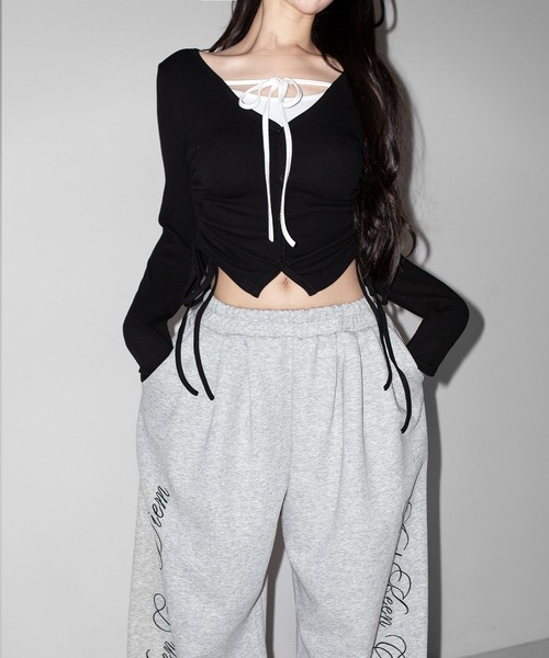 me+em select(ミームセレクト)の「【 3WAY 】レイヤード風シャーリングリボンリブトップス / fake layered shirring ribbon lib tops(Tシャツ/カットソー・レディース・ブラック/ピンク/グレー・FREE)」の22枚目の写真