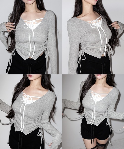 me+em select(ミームセレクト)の「【 3WAY 】レイヤード風シャーリングリボンリブトップス / fake layered shirring ribbon lib tops(Tシャツ/カットソー・レディース・ブラック/ピンク/グレー・FREE)」の6枚目の写真