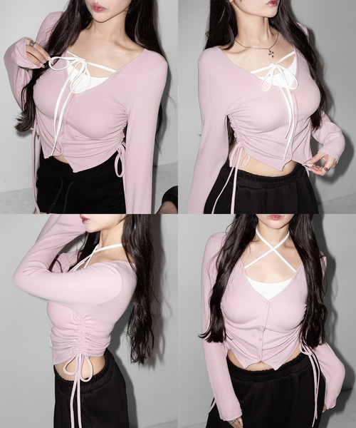 me+em select(ミームセレクト)の「【 3WAY 】レイヤード風シャーリングリボンリブトップス / fake layered shirring ribbon lib tops(Tシャツ/カットソー・レディース・ブラック/ピンク/グレー・FREE)」の5枚目の写真