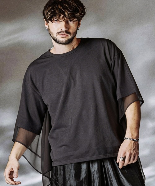 NO ID.（ノーアイディ）の「【NO ID.】Docking Sheer Drape Big T-Shirt / ドッキング シアー ドレープ ビッグ Tシャツ（Tシャツ/カットソー・メンズ・グレー/ブラック/ホワイト・ONE SIZE）」の3枚目の写真