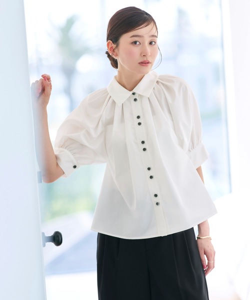 RUIRUE BOUTIQUE(ルイルエブティック)の「洗える ストレッチ 2Set | タック ギャザー シャツ / 綺麗シルエット ・ ワイドパンツ | パンツスーツ・セットアップ・お仕事服・通勤服・シャツ・ママスーツ(セットアップ・レディース・ブラック/ホワイト×ブラック/ホワイト×グレー・S/M/L)」の8枚目の写真