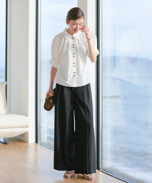 RUIRUE BOUTIQUE(ルイルエブティック)の「洗える ストレッチ 2Set | タック ギャザー シャツ / 綺麗シルエット ・ ワイドパンツ | パンツスーツ・セットアップ・お仕事服・通勤服・シャツ・ママスーツ(セットアップ・レディース・ブラック/ホワイト×ブラック/ホワイト×グレー・S/M/L)」の9枚目の写真