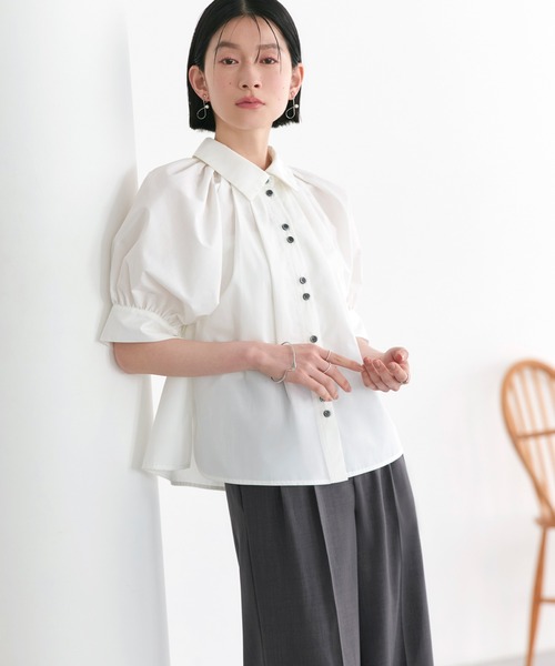 RUIRUE BOUTIQUE(ルイルエブティック)の「洗える ストレッチ 2Set | タック ギャザー シャツ / 綺麗シルエット ・ ワイドパンツ | パンツスーツ・セットアップ・お仕事服・通勤服・シャツ・ママスーツ(セットアップ・レディース・ブラック/ホワイト×ブラック/ホワイト×グレー・S/M/L)」の11枚目の写真