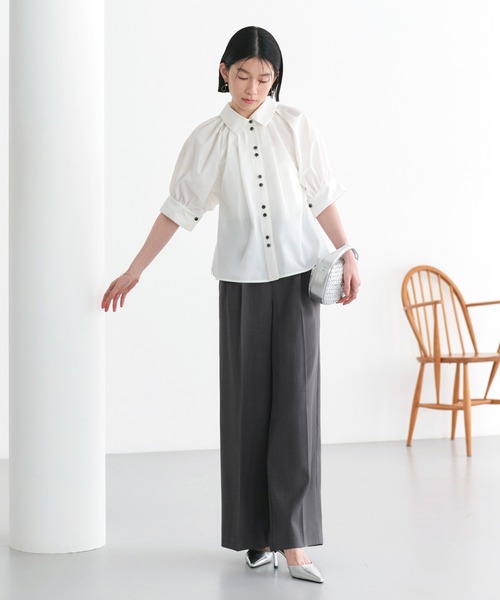 RUIRUE BOUTIQUE(ルイルエブティック)の「洗える ストレッチ 2Set | タック ギャザー シャツ / 綺麗シルエット ・ ワイドパンツ | パンツスーツ・セットアップ・お仕事服・通勤服・シャツ・ママスーツ(セットアップ・レディース・ブラック/ホワイト×ブラック/ホワイト×グレー・S/M/L)」の13枚目の写真