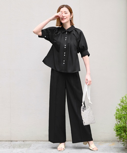 RUIRUE BOUTIQUE(ルイルエブティック)の「洗える ストレッチ 2Set | タック ギャザー シャツ / 綺麗シルエット ・ ワイドパンツ | パンツスーツ・セットアップ・お仕事服・通勤服・シャツ・ママスーツ(セットアップ・レディース・ブラック/ホワイト×ブラック/ホワイト×グレー・S/M/L)」の20枚目の写真