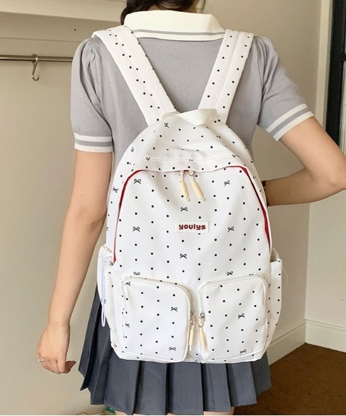 FREE STYLISTS（フリー スタイリスト）の「Y2K リボン ドット多機能リュック 大容量バッグ 通勤用（バックパック/リュック・レディース・ブラック/チェック/ホワイト・FREE）」の2枚目の写真
