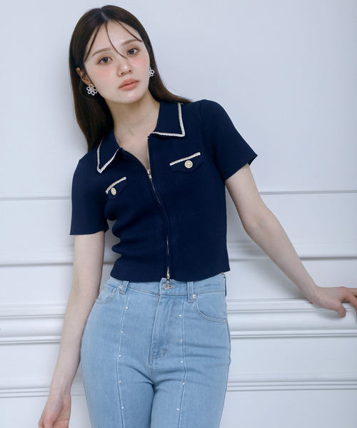 ROYAL PARTY(ロイヤルパーティー)の「チェーントリミングダブルZIPニットトップス(ニット/セーター・レディース・ブラック/オフホワイト/ネイビー/ピンク・FREE)」の4枚目の写真