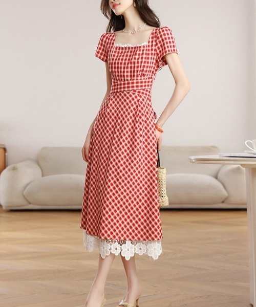LUCPY（ラクピー）の「チェック柄レース切替ロングワンピース（ワンピース・レディース・レッド・X-LARGE/LARGE/MEDIUM/SMALL）」の5枚目の写真